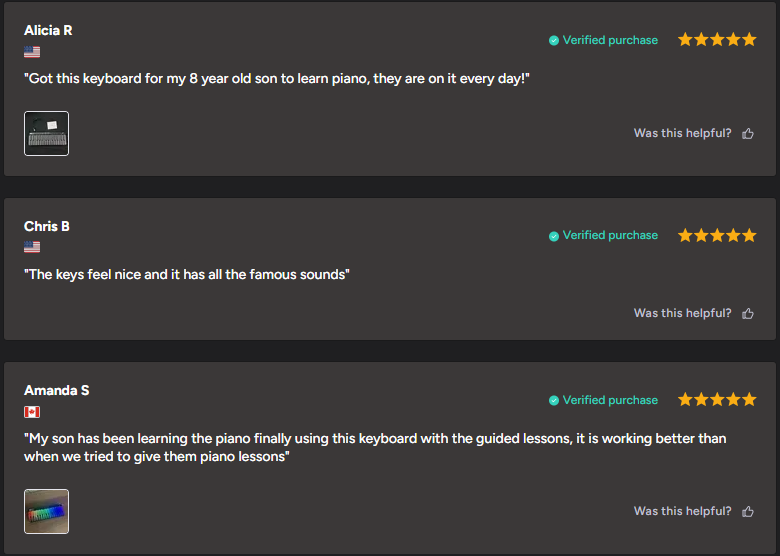 Product reviews for Kartier piano keyboard with user names, ratings, and text feedback.